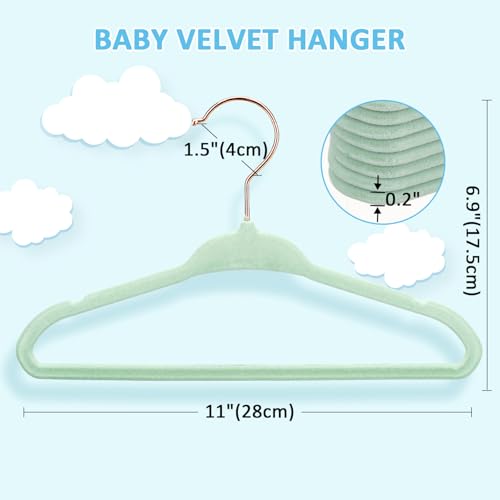 Tonswachic Baby Velvet Hangers 30 Pack - 11 Inch Premium Non Slip Kids Felt Hanger for Infant Clothes - Ultra Thin Baby Felt Hangers for Toddler Children's Closet with 10 Hanger Clips - Green - color: Green, size: 30 Pack
