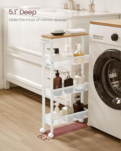 VASAGLE 4-Tier Slim Rolling Storage cart with Wheels, 5.1 Inches, Metal - color: Oak Beige + Classic White, size: 4 Tiers (5.1"D x 30.3"H)