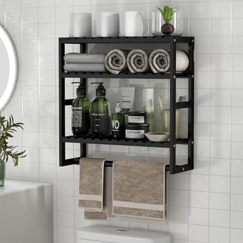 PPN 100% Bamboo Towel Rack Bathroom Storage Shelves Over Toilet Towel Bar - color: Black Standard 1 Pack