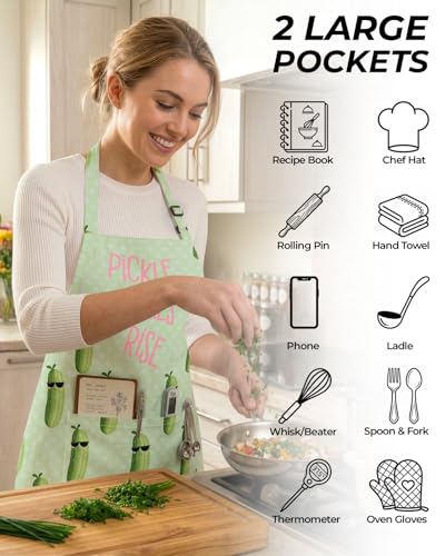 Women Apron, Cute Kitchen Aprons for Women, Girls - color: Light Green Humorous Pickle