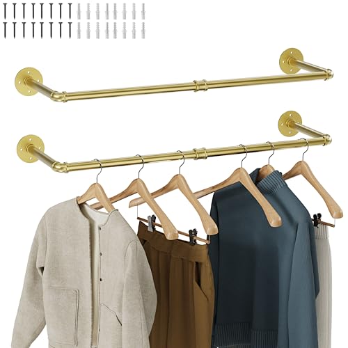 Wall Mounted Clothes Rack 2 Pack, Industrial Pipe Clothing Rack 28 Inch Gold, Wall Clothes Hanger for Bedroom, Cloakroom, Closet, Hallway, Boutique Display, Drying Racks Wall-Mount for Laundry - color: Gold, size: 28 Inch (2 Pack)
