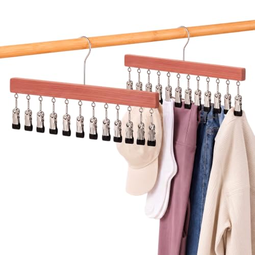 Novabright 2 Pack Cedar Hangers with 12 Clips, 360° Rotating Multi Clip Hangers for Closet, Wooden Hanging Space Saving Organizer for Leggings Pants Jeans Socks Hats Scarves Bras Accessories