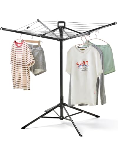 JS HANGER Rotary Clothes Drying Rack, 65 ft Outdoor Umbrella Drying Rack with Easy Push-Pull Handle, Foldable Laundry Drying Rack for Balcony, Patio & Backyard, Space-Saving Air Dryer - color: Black-4 Legs