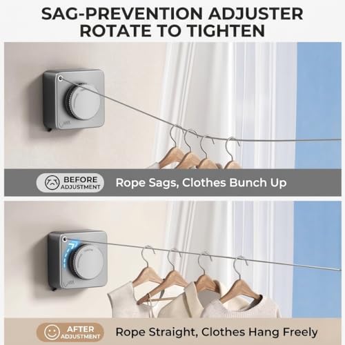 15.7FT Retractable Clothesline Indoor Heavy Duty Stainless Steel Line Wall Mounted Non Sagging Laundry Drying Line