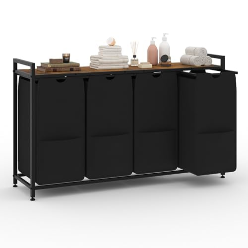 47-Inch Wide Laundry Sorter, 4 Section Hamper Basket Organizer - size: 4 Bags-194L / Rustic Brown + Black