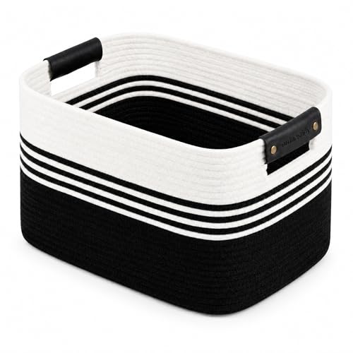 Cotton Rope Laundry Basket Medium, 15.4GAL Collapsible Woven Storage Baskets for Living Room Kids Toys Stuffed Animal,Boho Rectangular Decorative Short Hamper for Dirty Clothes, Blankets White Black - color: WhiteBlack, size: 15.4GAL