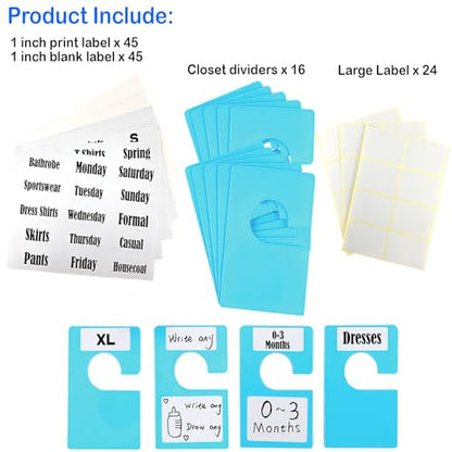16 Pack White Clothing Rack Size Dividers Plus 45 Labels (1 Inch) and 18 Large Blank Labels, Large Rectangular Clothing Closet Dividers (Blue) - color: Blue, size: 16 PACK