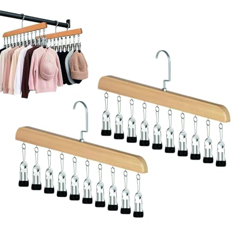 Multi-Functional Closet Organizer with 10 Clips, Space Saving Wooden Hanger for Pants, Leggings, Skirts, Scarves, Hats, Tanks, Socks (2Pcs, Wood) - color: Wood