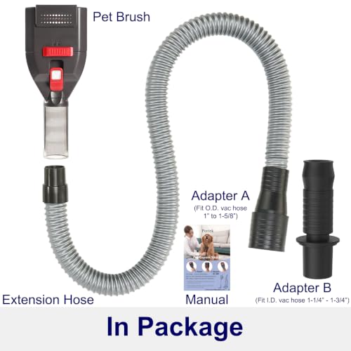 Portek Dog Grooming Vacuum Attachment for 1" to 1-3/4" Vacuum Cleaners, Pet Hair Shedding Brush Tool Kit with Long Extension Hose and Adapter