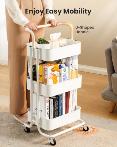 Pipishell 3 Tier Rolling Cart, Utility Cart with Wheels & Handle, White - color: White, size: 3-Tier