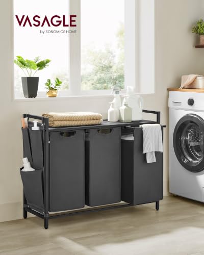 VASAGLE Laundry Hamper with Shelf, 3 Pull-Out Bags, 3 x 10.6 Gallons (40 L) - color: Slate Gray + Charcoal Gray, size: 3 Bags - 120 L