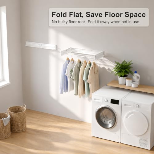 JOOM Wall Mounted Clothes Drying Rack,31.5 Inch Foldable Rack,White,Poles - size: 31.5in-Poles