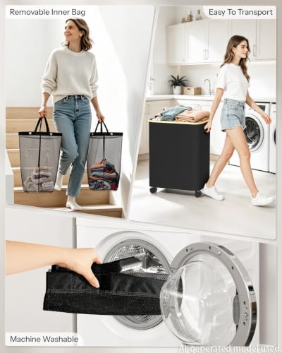 Double Laundry Basket with Wheels and Lid, 150L Clothes Hampers for Laundry - color: Black, size: 150L