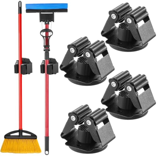 4 Pcs Magnetic Broom Holder Heavy Duty, 12Lbs Magnetic Tool Holder Wall Mount with Anti-Slip Rubber Gripper, No-Drill Mop Broom Holders for Garage Kitchen Laundry RV Van Accessories, Black