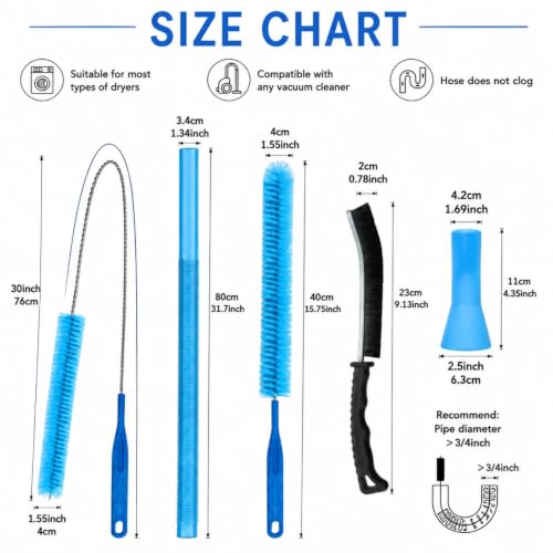 4 Pieces Dryer Vent Cleaner Kit with Lint Brush – Universal Dryer Lint Vacuum Attachment, Flexible Hose & Brush Set for Dryer Vent Cleaning, Lint Trap Cleaner & Home Cleaning Tools (Blue)