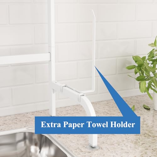 Over The Sink Dish Drying Rack, Adjustable (25.5 to 36.5 inch) 2 Tier Metal Steel Dish Drying Racks for Kitchen Counter with Hooks Paper Towel Utensil Cup Holder Sink Caddy (White) - color: White