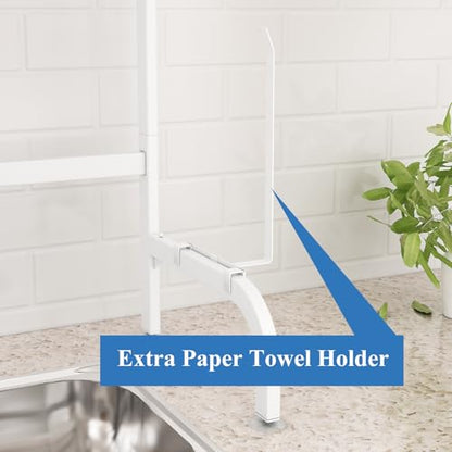 Over The Sink Dish Drying Rack, Adjustable (25.5 to 36.5 inch) 2 Tier Metal Steel Dish Drying Racks for Kitchen Counter with Hooks Paper Towel Utensil Cup Holder Sink Caddy (White) - color: White