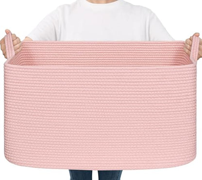 Goodpick Large Woven Rope Blanket Basket, Rectangle, Pink, 75L - color: Pink, size: Large(21.6"L x 14.9"W x 11.8"H)
