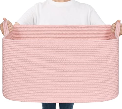 Goodpick Large Woven Rope Blanket Basket, Rectangle, Pink, 75L - color: Pink, size: Large(21.6"L x 14.9"W x 11.8"H)