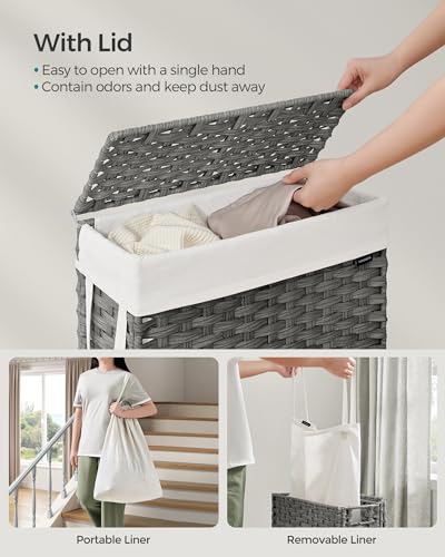 SONGMICS Laundry Hamper with Lid, 14.5 Gal (55 L) Synthetic Rattan,Foldable - color: Dove Gray, size: 55 L