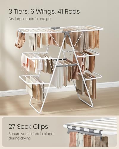 SONGMICS Clothes Drying Rack, Foldable 3-Level Laundry Rack, Free-Standing Large Drying Rack, with Height-Adjustable Wings, 39 Drying Rails, Sock Clips, White and Gray ULLR054W01 - color: White, size: 3 Tiers（21.9"D x 49.8"W x 63"H)