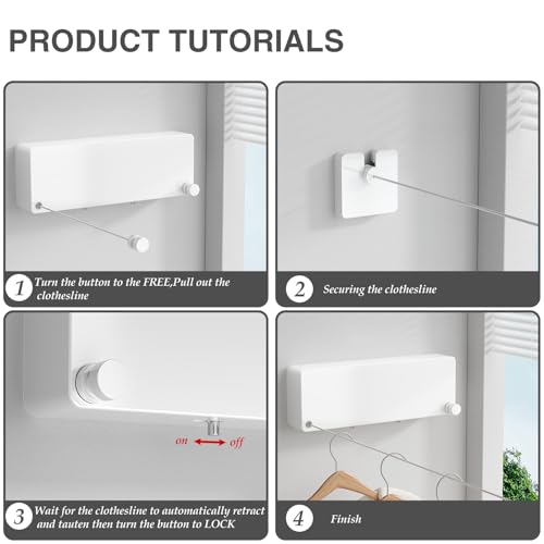 Retractable Clothesline Indoor, Non-Sagging Clothes line retracting Outdoor, Heavy Duty Wall Mounted Laundry Line Adjustable Stainless Steel for Laundryroom, Bathroom, 15.8 Feets Double Lines White - style: White
