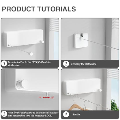 Retractable Clothesline Indoor, Non-Sagging Clothes line retracting Outdoor, Heavy Duty Wall Mounted Laundry Line Adjustable Stainless Steel for Laundryroom, Bathroom, 15.8 Feets Double Lines White - style: White