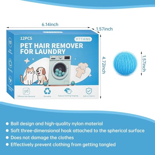 12 Pack Reusable Pet Hair Remover Laundry Balls, Safe for Washer & Dryer, Anti-Tangle Lint Catcher Balls for Dog Cat Hair, Clothes Bedding Blankets, Blue