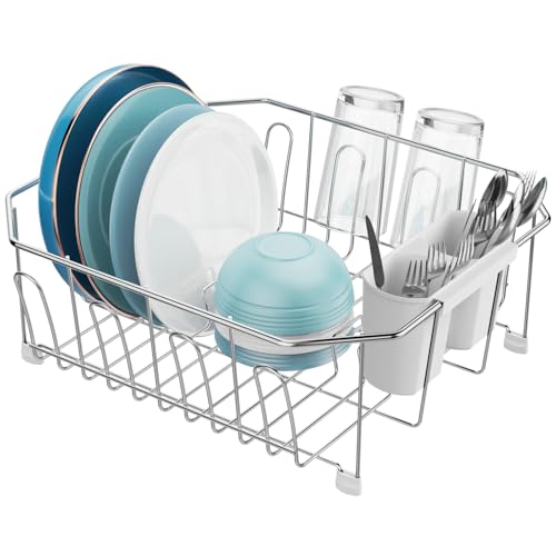 GSlife Small in Sink Dish Drying Rack - Stainless Steel for RV Kitchen - color: Silver Rack With White Utensil Holder, size: Medium - 14.4" x 13.1" x 5.3"