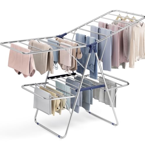 APEXCHASER Large Stainless Steel Clothes Drying Rack, Generous Drying Area - color: Matte Blue, size: 4 Wings