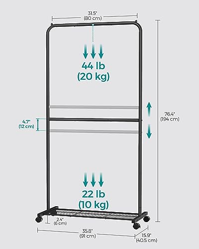 SONGMICS Clothes Rack with Wheels, Metal Garment Rack, Mesh Storage Shelf - color: Black, style: Middle Rod
