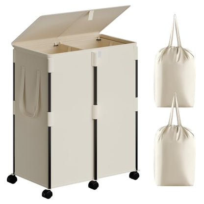 160L Double Laundry Hamper with Lid and 6 Wheels, Rolling Laundry Basket - color: White, size: 160L(24.8"L x 14.2"W x 29.92"H)