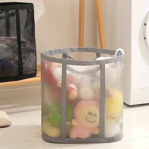 Mesh Bag with Handles, Collapsible Laundry Basket, Foldable Laundry Bag, Breathable Folding Beach Bag,Space-saving Travel Tote Bags (1, Grey) - color: Grey