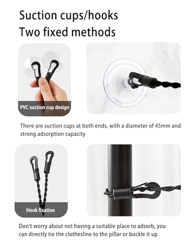 JianLing 2PCS Travel Portable Extendable Clothesline 1.5m with Hooks and Suction Cups Rubber Elastic Clothesline Camping Clothesline Outdoor Indoor Use Cruise Essential Hanging Clothes Socks Towels