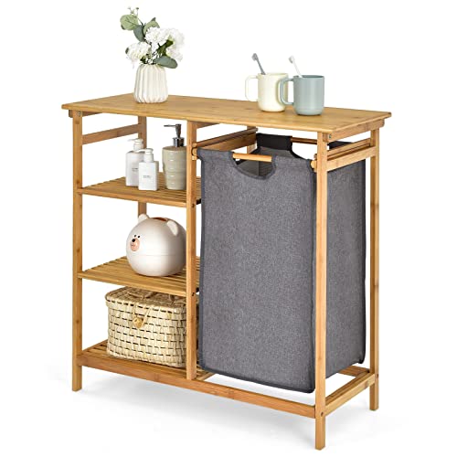 Giantex Bamboo Laundry Hamper Stand, Freestanding Laundry Organizer