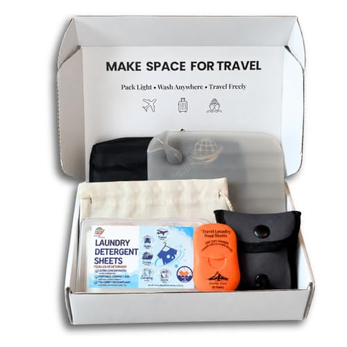 Travel Laundry Detergent Sheets Gift Set – Complete Travel Laundry Kit with Pocket Size Soap Sheets, Clothesline, Sink Stopper, Laundry Bag & Storage Pouch – Hotels, Cruises & Travel - style: Travel Laundry Kit 6-piece Gift Set