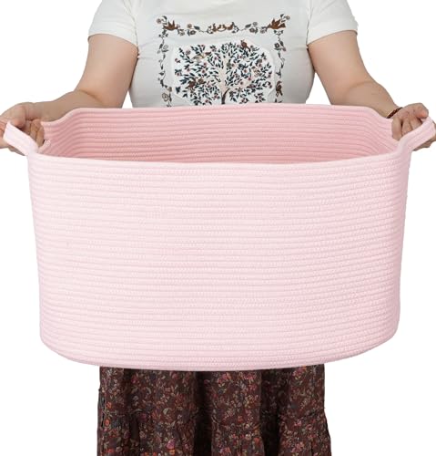 XUANGUO Large Rectangle Woven Cotton Rope Blanket Basket 22"x17"x12" Pink - color: Pink