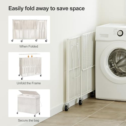 WOWLIVE Laundry Basket 3 Section, Handwoven Laundry Hamper with Wheels - color: Creamy White, size: 150l(28.4 X 13 X 26.4 Inches)