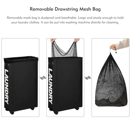 DOKEHOM 70L Enlarged Slim Rolling Laundry Basket Hamper on Wheels, Black - color: Black/L, size: 70L/Slim