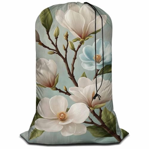 Swono White Flower Laundry Bags With Drawstring XL Travel Storage Bags 28"x40", Heavy Duty Multi Use, Green Leaf Buds Petal Botany Branch Blossom Washable Dirty Clothes Organizer, Easy Fits Laundry - color: White Flower