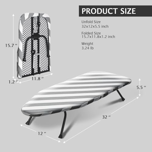 SheeChung Small Ironing Board 12"x32",Mini Ironing Board with Metal Mesh - style: Grey Striped-32x12