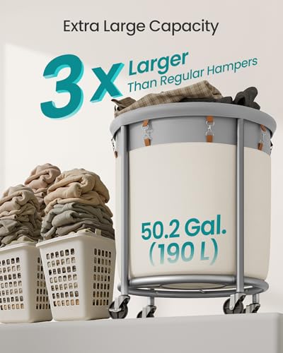 SONGMICS Laundry Basket with Wheels, 190 L, Steel Frame, Removable Bag - color: Dove Gray + Cream White, size: 190 L (1-Section)