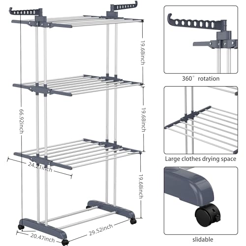 Clothes Drying Rack, 4-Tier Foldable Drying Rack Clothing with 4 Castors, 24 Poles & 14 Hooks, Movable Stand for Bed Linen, Indoor Outdoor Use, 67.7" High