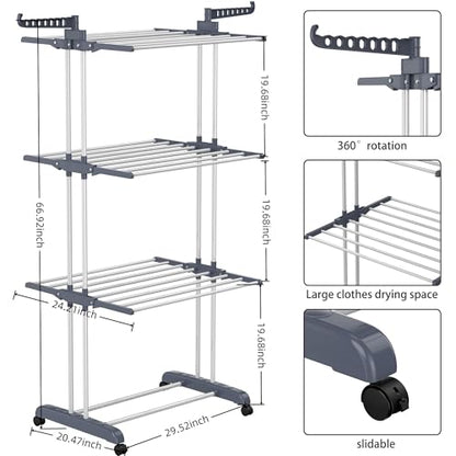 Clothes Drying Rack, 4-Tier Foldable Drying Rack Clothing with 4 Castors, 24 Poles & 14 Hooks, Movable Stand for Bed Linen, Indoor Outdoor Use, 67.7" High