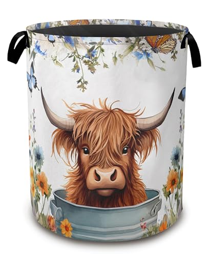 Highland Cow Laundry Hamper,Collapsible Laundry Baskets,Butterfly Flowers Dirty Clothes Baskets with Handles,Oxford Cloth Hamper for Bedroom,Bathroom,College Dorms, 16"x20" - color: Highland Cow,Butterfly Flowers