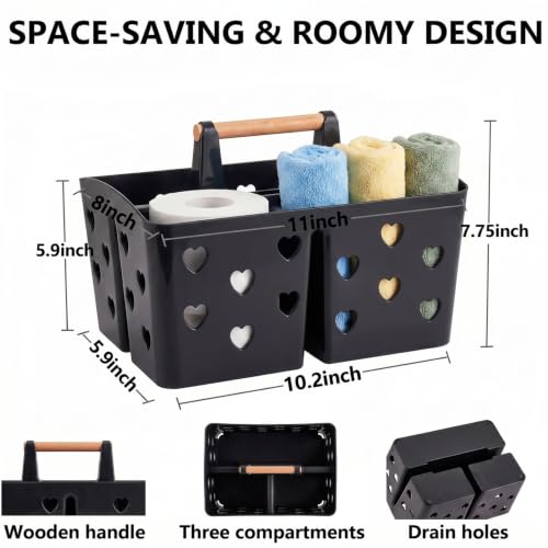 Black Portable Shower Caddy, Plastic Basket Organizer with Wooden Handle - color: Black