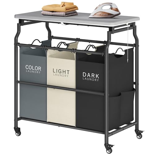Hoctieon 3 Section Laundry Sorter with Iorning Board, Hamper with Wheels - color: Black+gray+beige