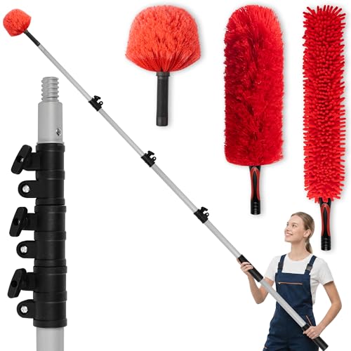 8 FT Cobweb Duster with Extension Pole, 12 FT High Reach Ceiling Fan Cleaner Duster for Home, 2.6-8 FT Extendable Pole with 3 Pcs Dusting Tools, Cubweb Duster, Feather Dusters, Ceiling Fan Duster - size: 8 FT