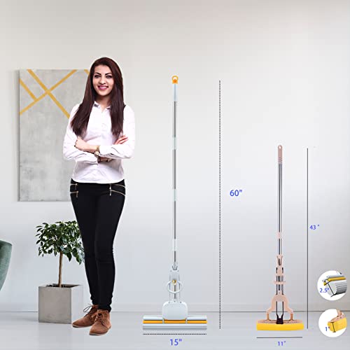 PVA Sponge Mops for Floor Cleaning Squeeze with 60" Long Handle, Self Wringing Mop with 15" Head for Kitchen Bathroom Tiles, Sponge Mops for Floor Cleaning with Wringer DUDTO - size: 15" PVA Mop - with Roller