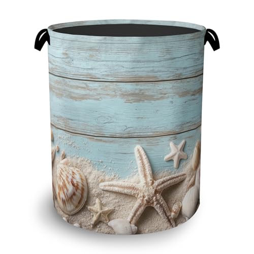 Starfish Seashell Laundry Basket,Vintage Wooden Oxford Cloth Laundry Hamper with Handle Foldable Portable Clothes Storage Basket for Bathroom Bedroom Dorm Room 16" x 20.8" - color: Starfish Seashell Vintage Wooden